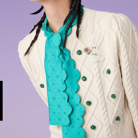 MUKZIN Wool Korean Unique Bunny Bejeweled Knitted Beige Cardigan Sweater - Picture 2 of 16